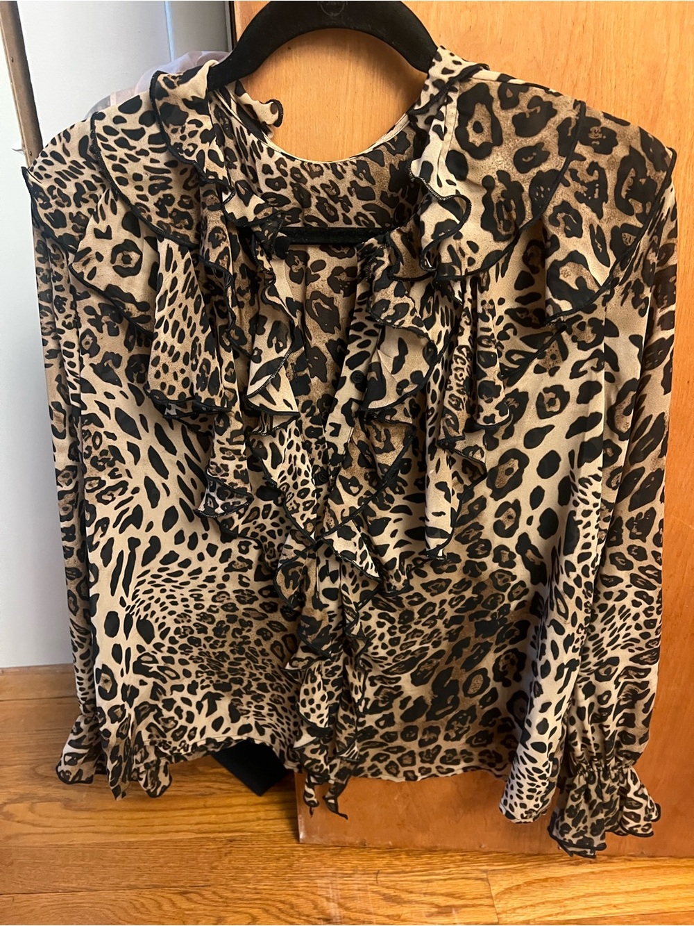 Leopard Ruffle V-Neck Blouse - Tan/Black - Picture 2 of 4
